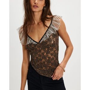 Free People Sheer Lace Top with Polka Dot Ruffles